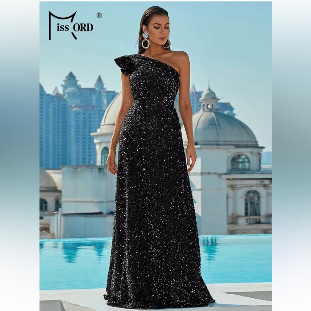 Black Sequin One-Shoulder Maxi Dress